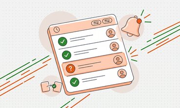Illustration: Anwesenheitsliste mit Häkchen, offener Fehlzeit und Benachrichtigung