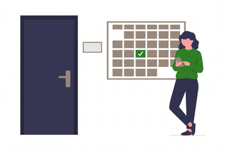Illustration: Lehrerin bucht per Smartphone einen Raum, daneben Raumtür und Belegungsplan mit freiem Termin