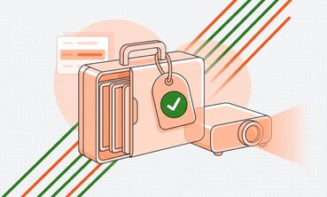 Illustration zur Ressourcenbuchung an der Schule mit iPad-Koffer, Beamer und bestätigter Ausgabe