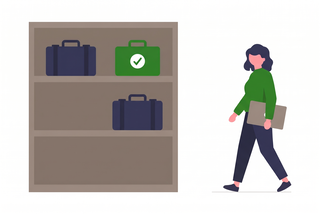 Illustration: Regal mit Geräte-Koffern, eine Lehrerin mit Laptop geht darauf zu