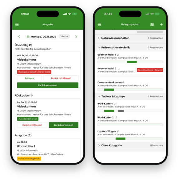 Ressourcenbuchung in der edjufy Mobile App: Ausgabe und Belegungsplan auf dem iPhone