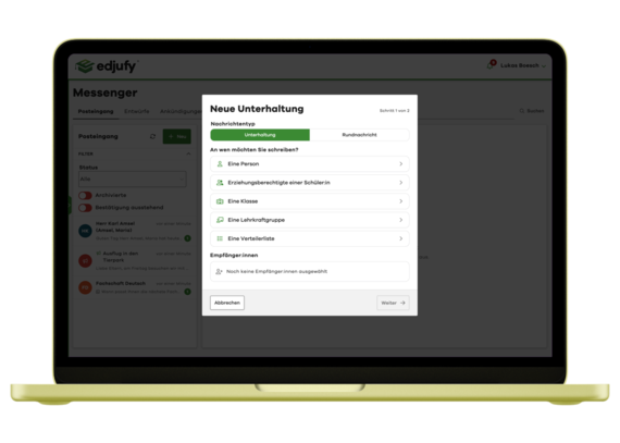 Schulmessenger von edjufy auf einem Laptop: neue Unterhaltung mit Empfängerauswahl