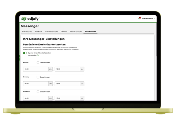 Schulmessenger von edjufy auf einem Laptop: Erreichbarkeitszeiten einer Lehrkraft