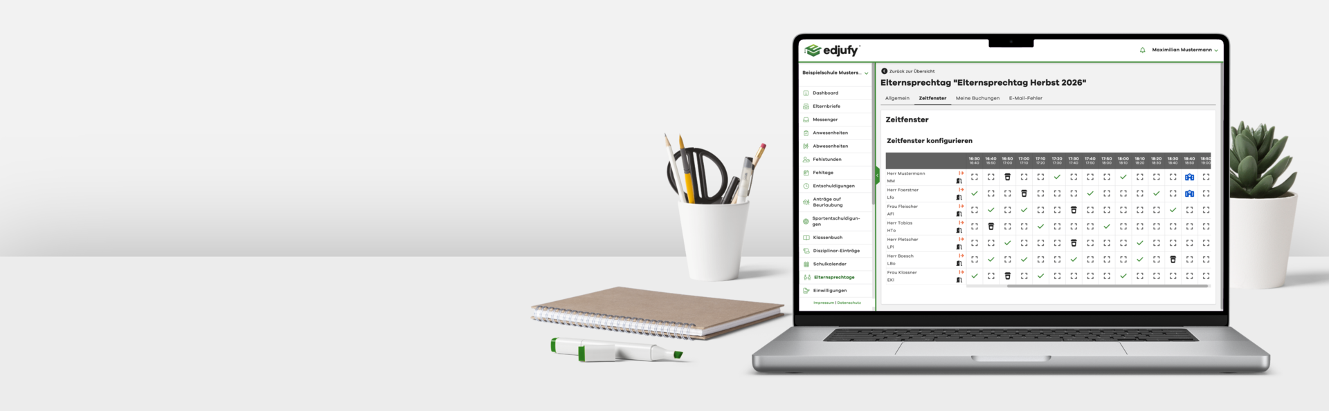 edjufy Elternsprechtag im Browser auf einem Laptop: Zeitfenster-Raster mit Buchungen je Lehrkraft