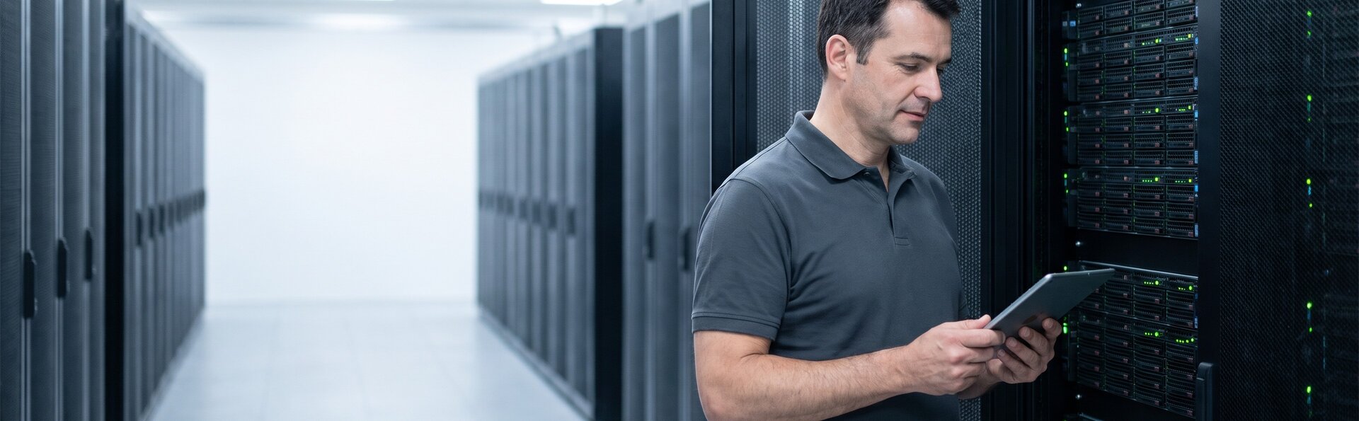 Techniker prüft im Rechenzentrum ein Server-Rack mit einem Tablet