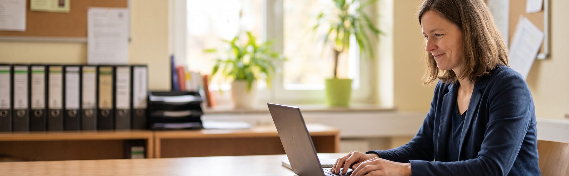 Lehrerin meldet sich im Lehrerzimmer am Laptop an