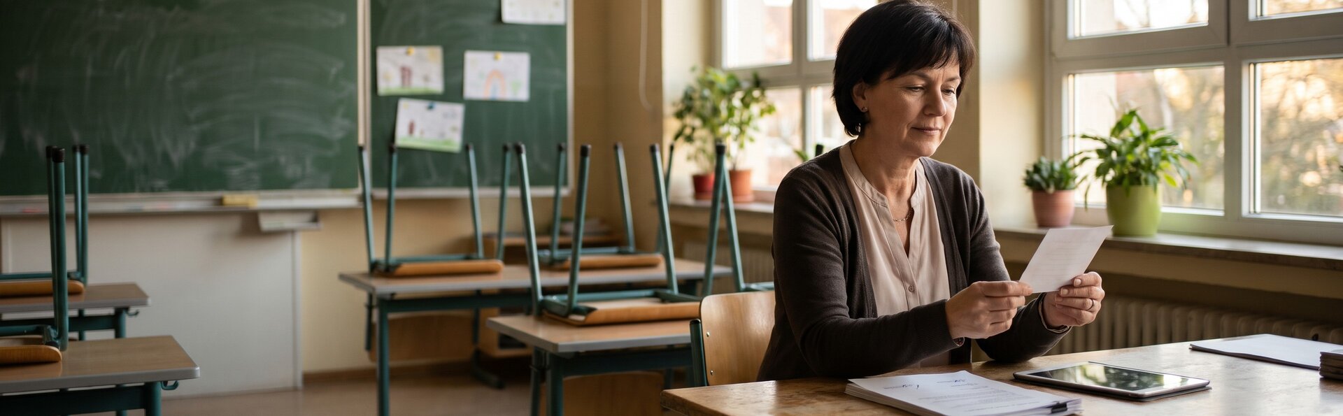 Lehrerin liest nach Schulschluss einen unterschriebenen Rückmeldezettel zum Elternbrief