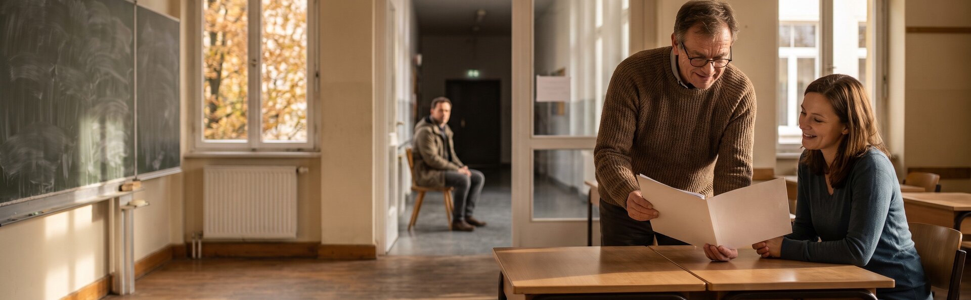 Lehrer zeigt einer Mutter beim Elternsprechtag eine Mappe, im Flur wartet ein Vater