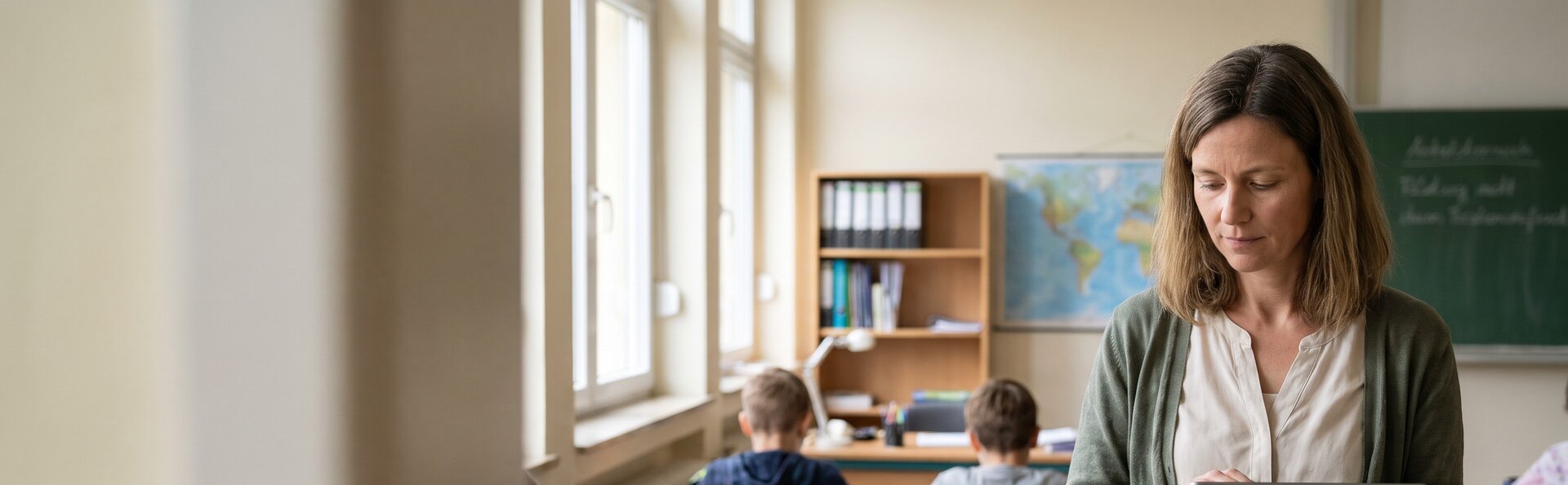 Lehrerin erfasst im Klassenzimmer auf einem Tablet die Anwesenheit im digitalen Klassenbuch
