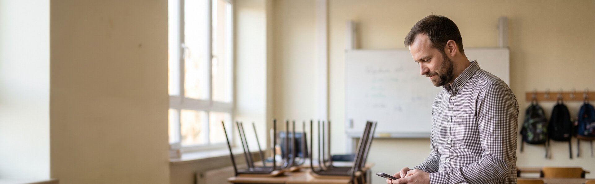 Lehrer schreibt nach Unterrichtsschluss im leeren Klassenzimmer eine Nachricht auf dem Smartphone